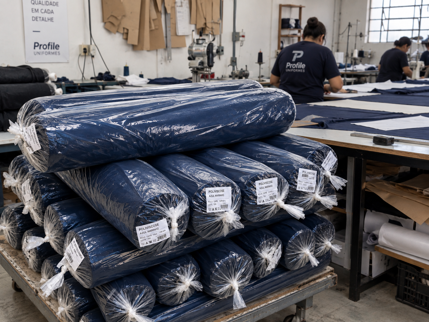 Rolos de tecido azul-marinho nos bastidores de produção da Profile
